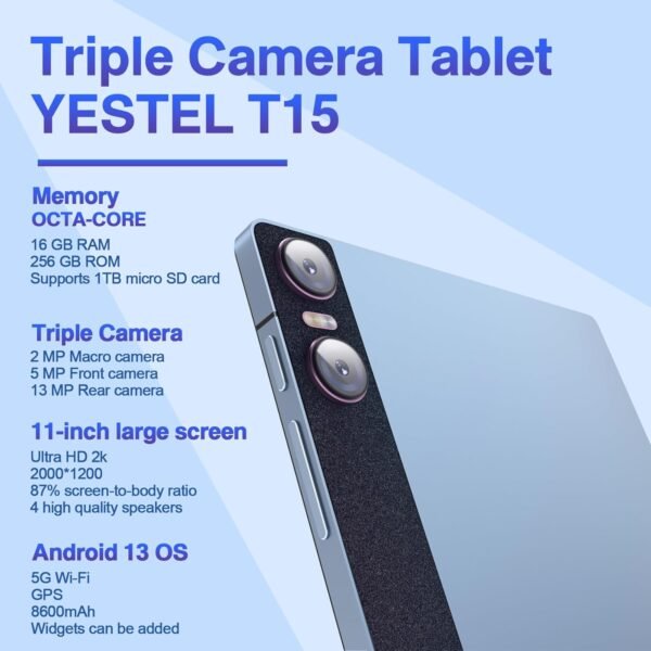 YESTEL Android Tablette Tactile avec 16Go + 256Go (1To TF), Tablette 11 Pouces avec 2000 x 1200 IPS + 4 Intervenants, GPS, 5G Wi-FI, 8600mAh, Chargement Rapide 18W, 3 Caméras, avec Étui, Bleu – Image 2