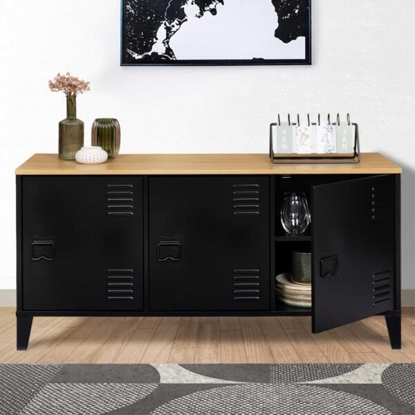 IDMarket - Buffet Bas 113 cm Ester 3 Portes métal Noir Plateau Bois Design Industriel – Image 4