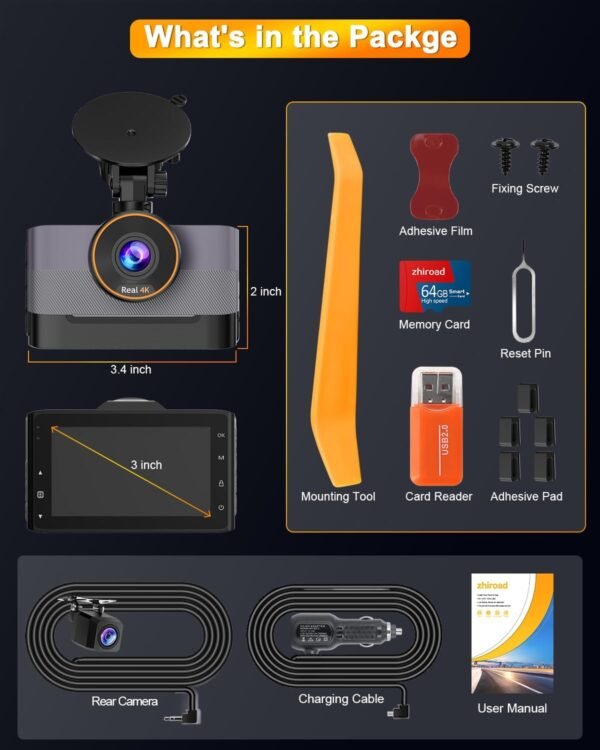 Zhiroad 4K Dashcam Voiture Avant Arrière,WiFi Camera Embarquée Voiture avec 3" IPS Écran,Carte SD 64G,Camera Voiture Grand Angle de 170°,G-Capteur,24H Mode Parking,Enregistrement en Boucle – Image 8
