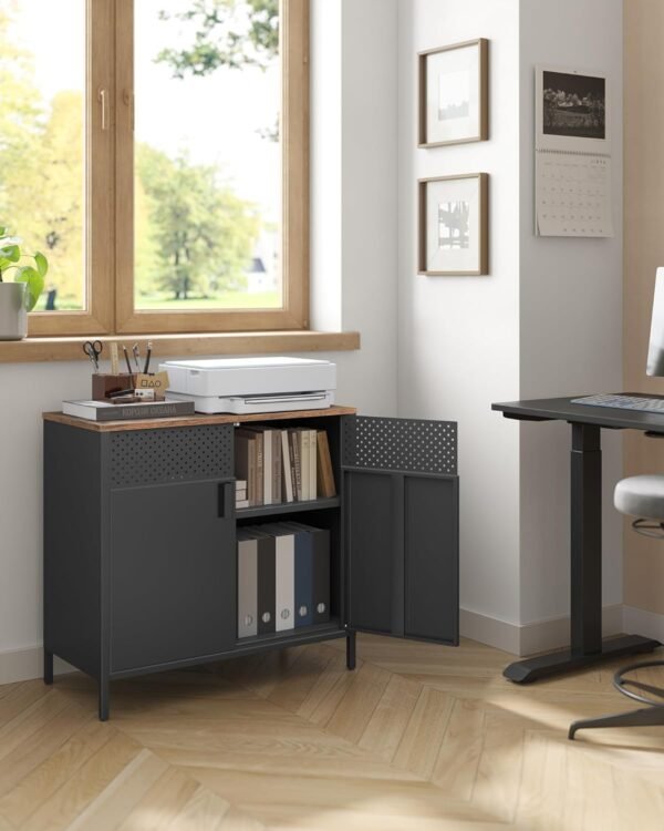 SONGMICS Meuble de Rangement, Buffet, en Métal, Double Porte, Fermeture Magnétique, Cadre en Acier, 40 x 80 x 76 cm, Marron Rustique et Noir LSC102B01 – Image 2