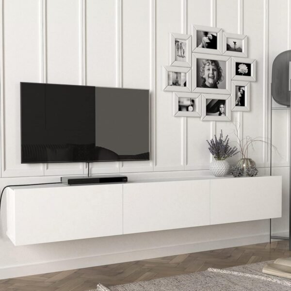 [en.casa] Meuble TV Mural Support Télé Suspendu avec Étagères Fermées Espace de Rangement Flottante pour Salon Banc Télévision Panneau de Particules 180 x 31 x 29,5 cm Blanc