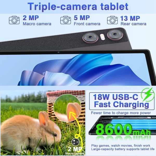YESTEL Android Tablette Tactile avec 16Go + 256Go (1To TF), Tablette 11 Pouces avec 2000 x 1200 IPS + 4 Intervenants, GPS, 5G Wi-FI, 8600mAh, Chargement Rapide 18W, 3 Caméras, avec Étui, Gris – Image 6