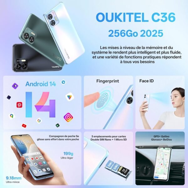 OUKITEL C36 256Go Téléphone Portable Android 14, 24Go+256Go/1To, 6.56" HD+ 90Hz Écran, Smartphone Pas Cher 5100mAh, Camera 13MP+5MP, Smartphone Double SIM/Empreinte Digitale + Identification faciale – Image 7