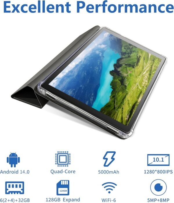 Tibuta Tablettes Android 14 2025, 10 Pouces, avec étui de Protection, processeur Quad-Core, caméra Frontale 5 Mpx et arrière 8 Mpx, Bluetooth 5 000 mAh, Wi-FI – Image 3