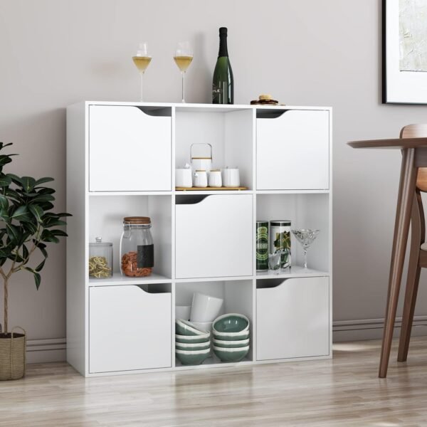 FirFurd Bibliothèque Blanc avec 9 Compartiments Étagère avec 5 Portes Meuble de Rangement en Bois Bibliotheque 3 Niveaux pour Salon Chambre 90x29x90cm – Image 4