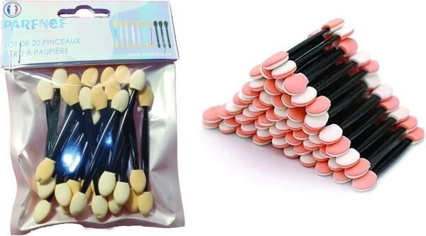 PARENCE - Lot de 20 Brosse Fard à paupière Pinceau à paupières jetable, Fard à Paupières Outils de Maquillage,double face, éponge avec pointe,pour Application de Maquillage 20 brosses Noir/Beig)