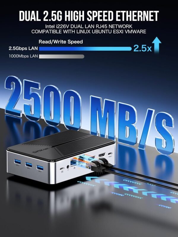 GMKtec Mini PC NAS, G9 Intel N150 Dual Boot Linux+OS Ordinateur de Bureau, 12GB DDR5 64GB eMMC + 512GB M.2 SSD, 4 emplacements M.2 NVMe, Dual NIC 2.5GbE, USB-C/USB 3.2 10Gbps, Stockage en réseau – Image 4