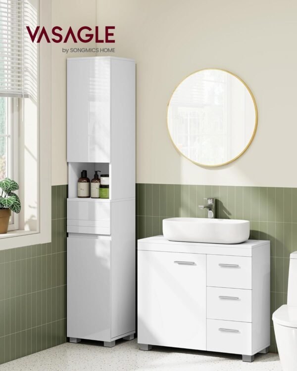 VASAGLE Meuble sous Lavabo, Meuble de Salle de Bain, 3 Tiroirs Latéraux, 2 Compartiments Derrière la Porte, avec Pieds, 30 x 70 x 64 cm, Blanc Nuage BBK503W10 – Image 2