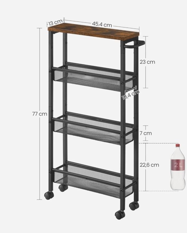 VASAGLE Desserte 4 Niveaux, Étagère de Cuisine Fin avec roulettes, Cadre en Acier, Poignée, Petit Espace, 13 x 45,4 x 77 cm, Salle de Bain, Salon, Bureau, Marron Rustique et Noir LRC032B01V1 – Image 7