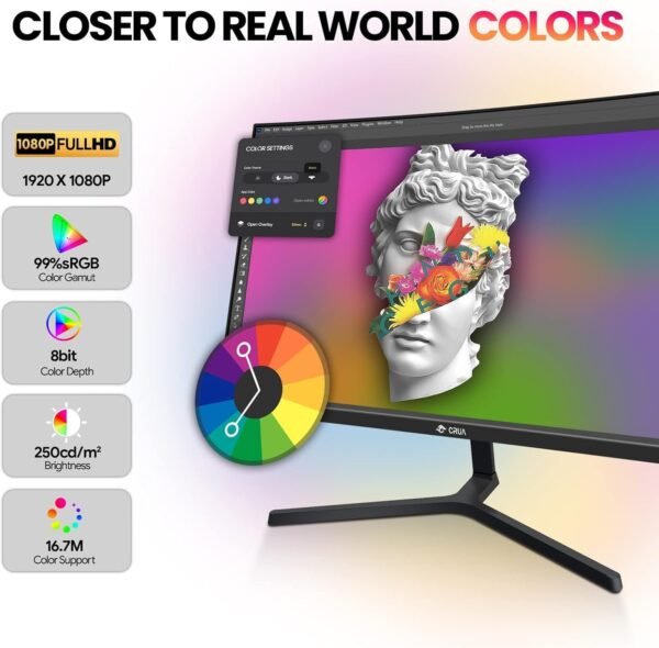 CRUA 24" 100 Hz Moniteur de Jeu incurvé de, Full HD 1080p 2800R sans Cadre, GTG 1 ms avec FreeSync, Faible Flou de Mouvement, Soin des Yeux, VESA, HDM“ – Image 3
