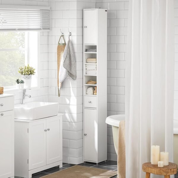SoBuy Meuble Colonne Salle de Bain Étroite Anti-Humidité, Meuble de Rangement Vertical avec 4 Étagères Réglables + 1 Tiroir, Multifonction pour Salon,Chambre,Bureau, Blanc, 20x20x180cm, BZR34-W – Image 10
