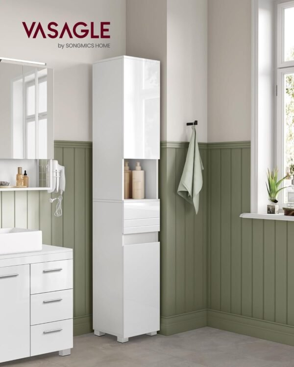 VASAGLE Armoire de Salle de Bain, Meuble de Rangement, Colonne, avec Tiroir, Étagères Réglables, Compartiments, 30 x 30 x 170 cm, Blanc BBC560P31 – Image 2