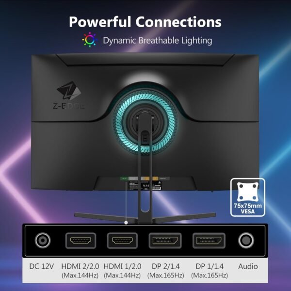 Z-Edge Écran PC Gamer Incurvé 32'' 2K QHD(2560x1440), 1ms, 165Hz, Moniteur Gaming 16:9, AMD FreeSync, Inclinaison Réglable, 1500R VA, 2×DP1.4 & 2×HDMI2.0, 3000:1, RGB, VESA 75*75mm(Câble HDMI Inclus) – Image 5