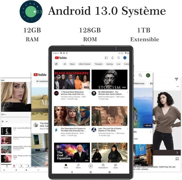 Biegedy Tablette 10 Pouces Android Tablette 12 Go RAM+128 Go ROM (TF 1 to), Tablette Tactile avec Processeur Octa-Core 2.0 GHz, 5G WiFi丨5+8MP丨6000mAh丨Bluetooth 丨Noir – Image 3