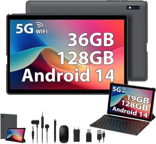 Tablette 10 Pouces, Tablette Tactile avec 36Go RAM 128Go ROM/2To TF, Octa-Core 2.0GHz, 5G WiFi, WiFi 6, Widevine L1, Certifiée GMS, 8MP, Android 14 Tablette avec Clavier/Etui/Ecouteurs/Souris/Stylet