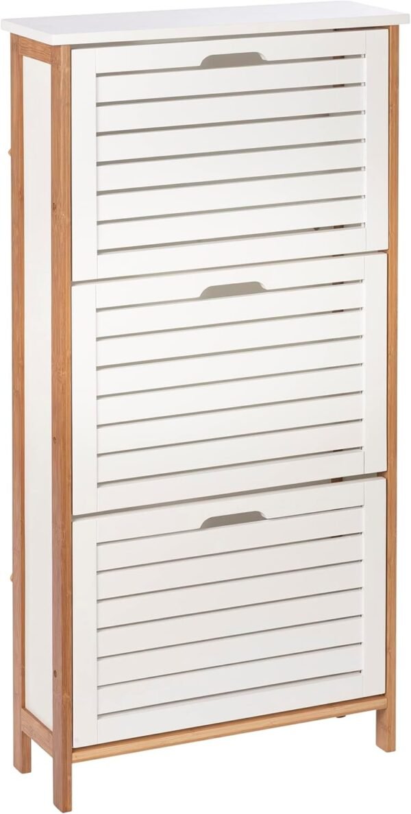 ONVAYA® Armoire à chaussures en bambou blanc - Peu encombrant avec 3 rabats - Meuble à chaussures étroit avec espace pour 9 paires de chaussures - Matériau robuste avec découpes pour la circulation de