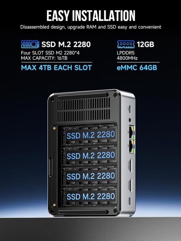 GMKtec Mini PC NAS, G9 Intel N150 Dual Boot Linux+OS Ordinateur de Bureau, 12GB DDR5 64GB eMMC + 512GB M.2 SSD, 4 emplacements M.2 NVMe, Dual NIC 2.5GbE, USB-C/USB 3.2 10Gbps, Stockage en réseau – Image 8