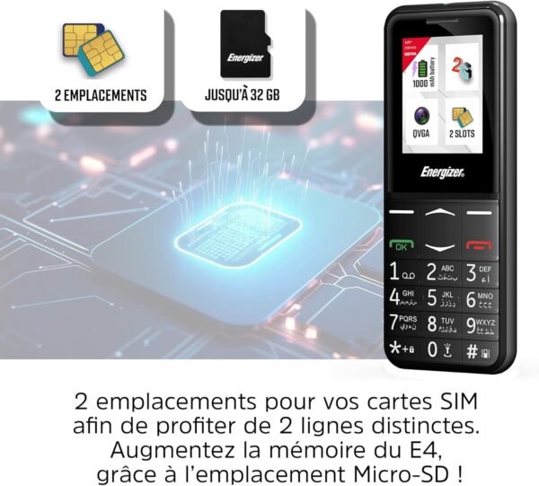Energizer - Mobile E4 - Téléphone Senior Débloqué 2G - Bouton SOS - Batterie 1000 mAh - Clavier à Touches AR - Double Sim - Torche - Chargeur UK – Image 6