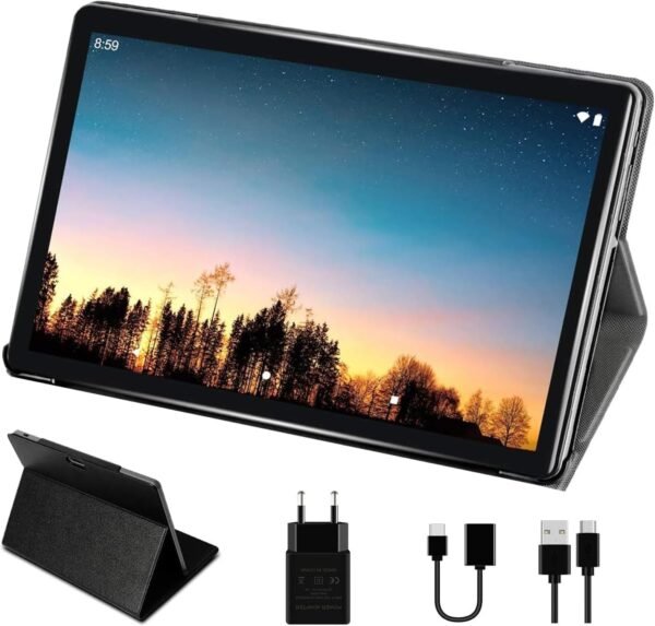 SUAAT 2025 Tablette Android 10 Pouces 4GB RAM + 64GB ROM avec Quad Core | Batterie 8000mAh | Dual Camera 5+8MP | WiFi 5G | Bluetooth | OTG | MicroSD 4-256 GB, avec étui - Gris