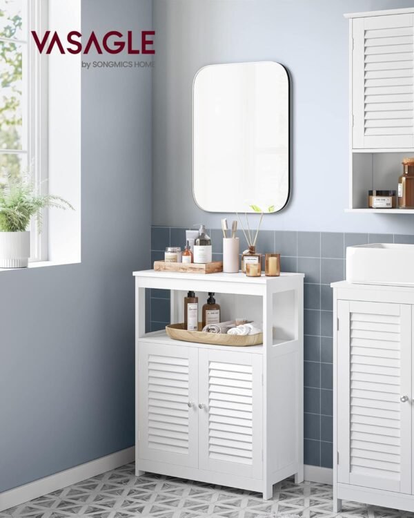VASAGLE Meuble de Salle de Bain, Meuble de Rangement, Commode, Placard, Armoire, avec Étagères Réglables, Étagère de Rangement avec 2 Portes, 30 x 60 x 80 cm, Blanc BBC40WT – Image 2