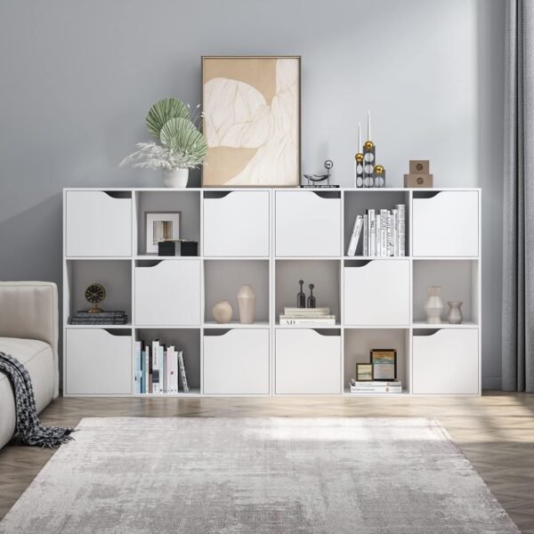 FirFurd Bibliothèque Blanc avec 9 Compartiments Étagère avec 5 Portes Meuble de Rangement en Bois Bibliotheque 3 Niveaux pour Salon Chambre 90x29x90cm – Image 2