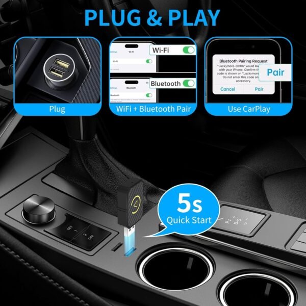 Adaptateur Sans Fil CarPlay & Android Auto, Mini Stick pour Convertir CarPlay/Android Auto Filaire en Sans Fil, Compatible avec Voitures Équipées de CarPlay & AA, USB C/A, Plug and Play, Stable – Image 5