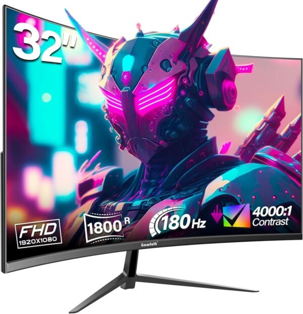 Gawfolk 32 Pouces Gaming Monitor Curved 180Hz, 144Hz PC écran Full HD 1080P, sans Cadre 1800R écran d'ordinateur incurvé avec FreeSync et la Technologie Eye Care, supporte VESA