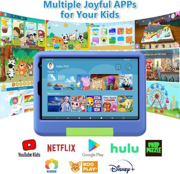 Tablette Enfants 8 Pouces 6Go RAM + 128Go ROM (TF 1To) Android 13 GMS Certified, Logiciel Enfant Pré-Installé, Éducative, Contrôle Parental,WiFi,4000mAh, Tablette Tactile avec Kid-Proof Étui -Bleu – Image 3