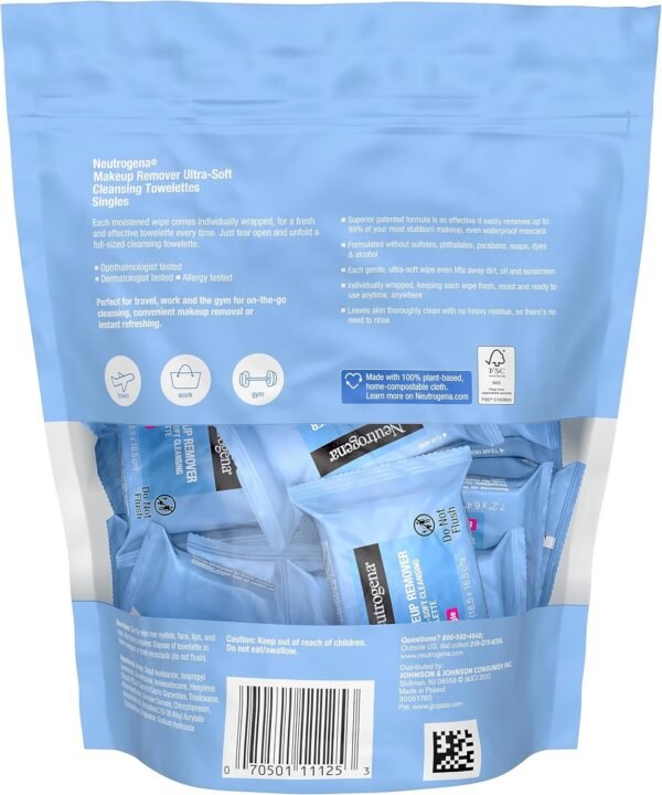 Neutrogena Makeup Remover Cleansing Towelette Singles, Daily Face Wipes To Remove Dirt, Oil, Makeup & Waterproof Mascara, Individually Wrapped, 20 Count – Image 9