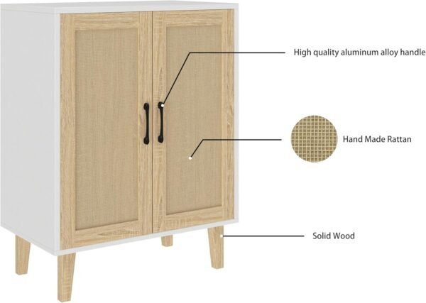 Panana Meuble de Rangement en Rotin et MDF, Buffets Haut Aspect sur Salon, Chambre, 69 x 38 x 88 cm (Blanc et Bois) – Image 8