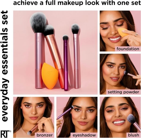 Real Techniques Ensemble de 5 pièces Everyday Essentials +, pinceaux à maquillage et éponge à maquillage, pour fond de teint, fard à joues, poudre bronzante, sans cruauté envers les animaux – Image 2