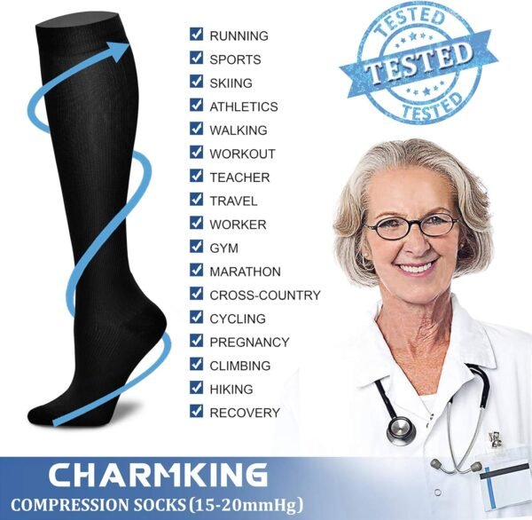 Bas de contention Charmking pour hommes et femmes (3 paires) - ceux de 15-20 mmHg sont les meilleurs pour l'athlétisme, la course, l'avion, les voyages, les infirmières, les œdèmes - Noir - – Image 5