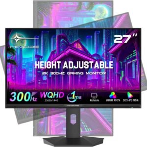 Minifire 27 Pouces QHD 300Hz Gaming Monitor 2K 2560 x 1440 1440P-1ms AMD FreeSync 丨DCI-P3 98% 丨HDR10 丨2×DP1.4丨2×HDMI丨Moniteur PC de Jeu Rotatif Vertical/Horizontal réglable en Hauteur（MFG27F6Q Pro）