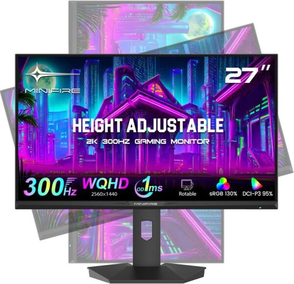 Minifire 27 Pouces QHD 300Hz Gaming Monitor 2K 2560 x 1440 1440P-1ms AMD FreeSync 丨DCI-P3 98% 丨HDR10 丨2×DP1.4丨2×HDMI丨Moniteur PC de Jeu Rotatif Vertical/Horizontal réglable en Hauteur（MFG27F6Q Pro）