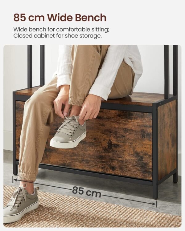 VASAGLE Meuble d’Entrée avec Banc, 9 Crochets et Étagère, Porte-Manteaux, Vestiaire, pour Couloir, Chambre, Style Industriel, Marron Rustique et Noir HSR405B01 – Image 4