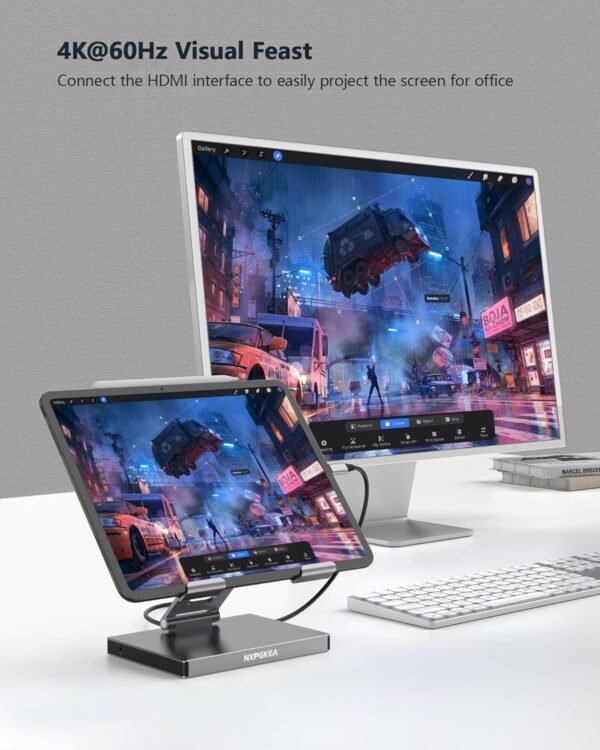 Support de hub USB C pour iPad Pro M4 M2 M1 13 12,9 11" iPad Air Station d'accueil pliable avec HDMI 4K 60 Hz, charge PD, lecteur de carte SD/TF, 3 USB 3.0, audio 3,5 mm, accessoires pour station – Image 2