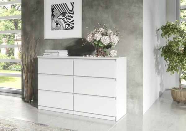 Commode 138,5 cm avec Façades Mat - avec 6 tiroirs – 138,5 x 78,5 x 39 cm - Meuble de Rangement - Commode Chambre - Meuble Salon Classique (Blanche) – Image 6