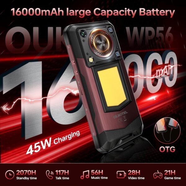 OUKITEL WP56 5G Telephone Portable Incassable Android 15, 36Go RAM+512Go ROM/2To, Smartphone Incassable16000mAh/45W, 128dB Haut-Parleur, 6.8"FHD+/120Hz, Camping 1000LM, Caméra 108MP, NFC/OTG/Dual SIM – Image 5