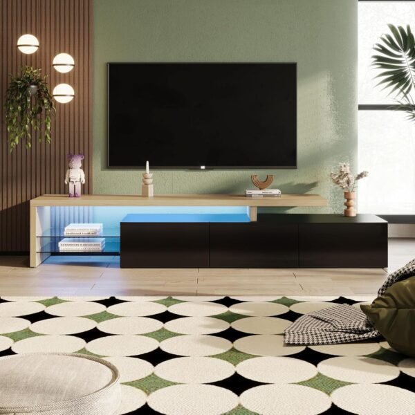 JOROBURO Meuble TV Moderne avec lumières LED Variables, 3 Portes et étagères en Verre – Buffet élégant pour Salon (Blanc) (Noir) – Image 5