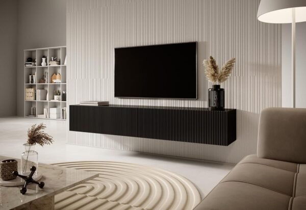 Selsey Meuble TV Armoire De Télévision 175 cm Suspendu Façade Fraisée Noir Veldio – Image 5