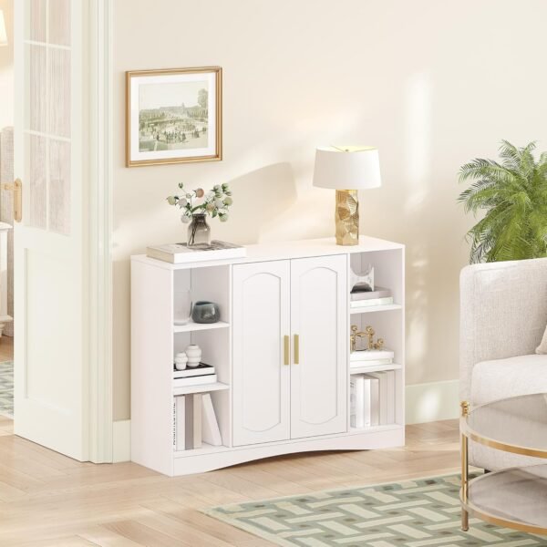 HEXCELEN Meuble de Salle de Bain, Meuble de Rangement, Placard Rangement avec 2 Portes, Armoire de Salle de Bain, Étagères Réglables, Compartiment Ouvert, Armoire Basse, Salon, Blanc, 30 × 100 × 75 cm – Image 4