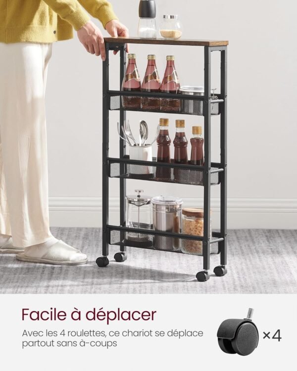 VASAGLE Desserte 4 Niveaux, Étagère de Cuisine Fin avec roulettes, Cadre en Acier, Poignée, Petit Espace, 13 x 45,4 x 77 cm, Salle de Bain, Salon, Bureau, Marron Rustique et Noir LRC032B01V1 – Image 4