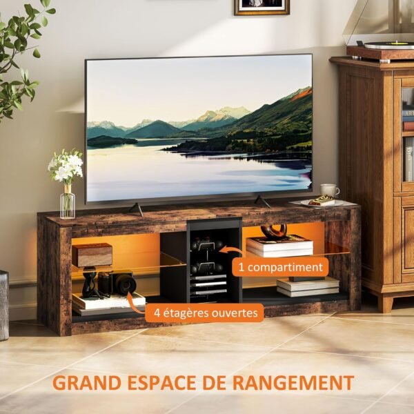HOMCOM Meuble TV avec lumières LED et télécommande, Meuble télé Bois Banc TV pour téléviseur jusqu'à 65 Pouces avec étagères et Compartiments Ouvert, pour Salon Chambre à Coucher, 140x35x47cm, Marron – Image 4
