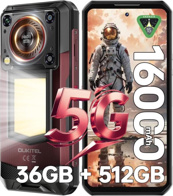 OUKITEL WP56 5G Telephone Portable Incassable Android 15, 36Go RAM+512Go ROM/2TO,16000mAh/45W, 128dB Haut-Parleur, Smartphone Incassable 6.8"FHD+/120Hz, Camping 1000LM, Caméra 108MP, NFC/OTG/Dual SIM