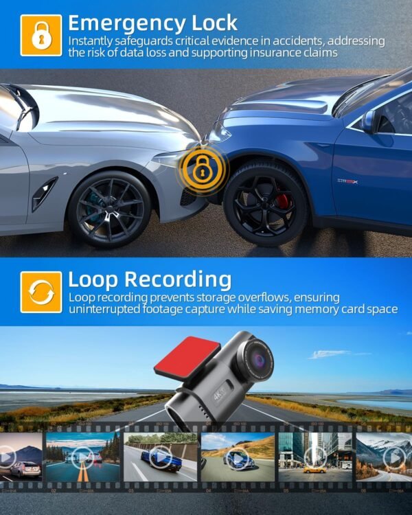 Caméra Embarquée WiFi Avant Arrière 4K+1080P,Dashcam avec Carte SD 64 G, Contrôle par Application,Vision Nocturne, Capteur G, Enregistrement en Boucle, WDR – Image 5