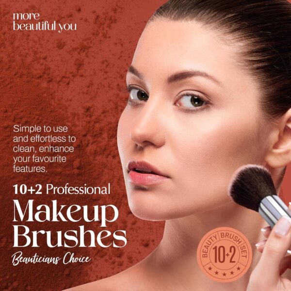 PORTENTUM Pinceaux Maquillages Professionnel (10+2pcs), Pinceau Maquillage Pour Fond de Teint Blush L'anti-cernes Fard à Paupières Poudre Libre, Avec Blender Eponge – Image 2