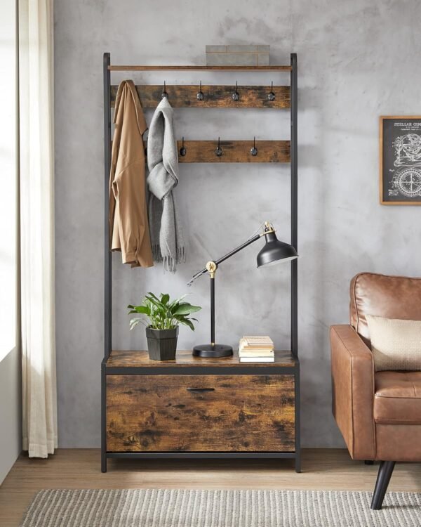 VASAGLE Meuble d’Entrée avec Banc, 9 Crochets et Étagère, Porte-Manteaux, Vestiaire, pour Couloir, Chambre, Style Industriel, Marron Rustique et Noir HSR405B01 – Image 8
