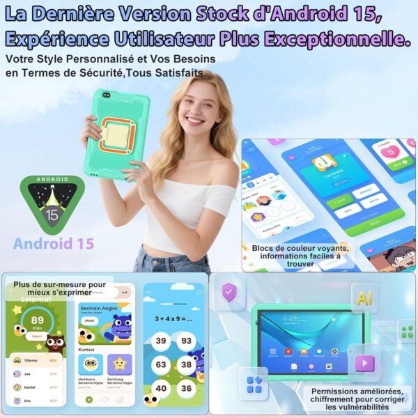 JUEDUR Android 15 Tablette Enfants 10 Pouces, 22Go RAM+128Go ROM(TF 1To), Octa-Core, 8000mAH, WiFi 6, 5+8MP, Contrôle Parental, avec EVA Étui de Protection Antichoc, 360° Rolatif Support (Vert Clair) – Image 3