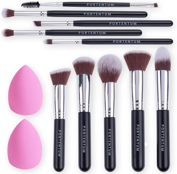 PORTENTUM Pinceaux Maquillages Professionnel (10+2pcs), Pinceau Maquillage Pour Fond de Teint Blush L'anti-cernes Fard à Paupières Poudre Libre, Avec Blender Eponge