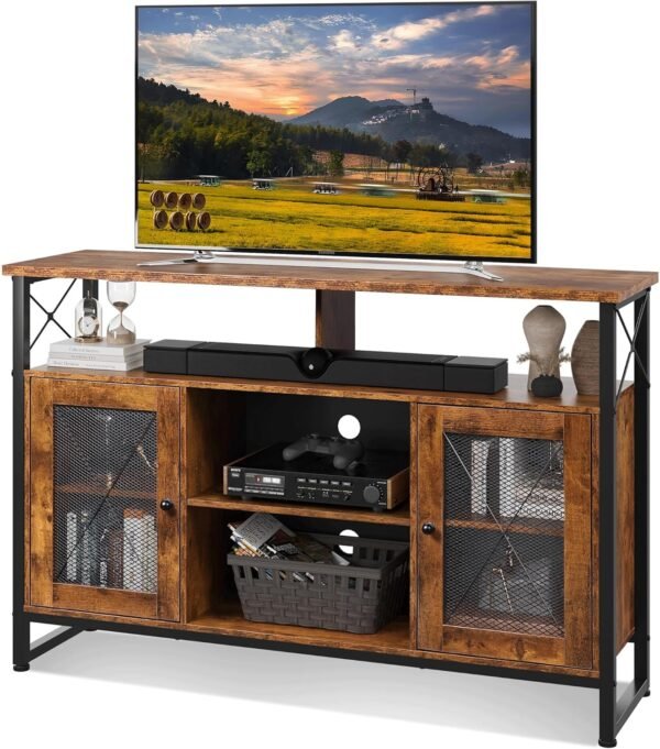 WLIVE Meuble TV Support pour Téléviseur Jusqu à 65 Pouces, Banc TV Meuble TV Haut avec Étagères Réglables, Meuble TV 128 cm Longueur Style Rustique Marron Rustique pour Salle à Manger, Chambre